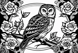 Barred owl and roses tattoo idea