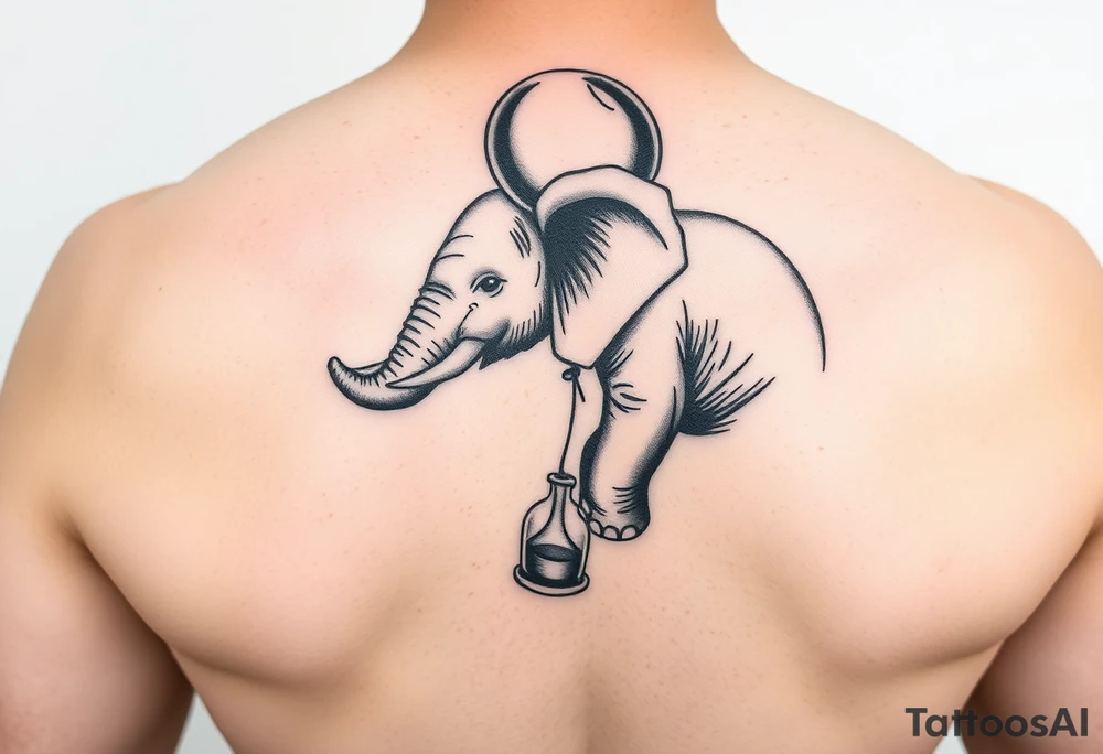 Baby elephant next to hour glass holding autism balloon tattoo idea