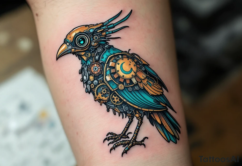 Tim Burton’s mechanical bird is rusted in bronze and deep teal, its gears exposed and eyes hollow with sorrow. tattoo idea