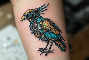 Tim Burton’s mechanical bird is rusted in bronze and deep teal, its gears exposed and eyes hollow with sorrow. tattoo idea