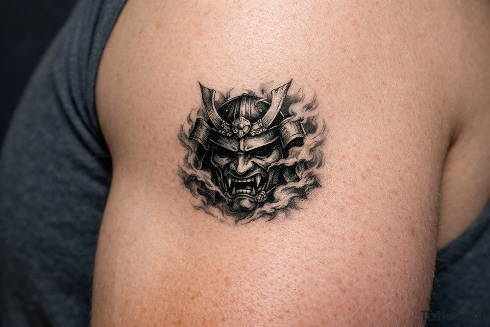 Samurai mask emerging from swirling smoke, black and grey, covering the shoulder. tattoo idea