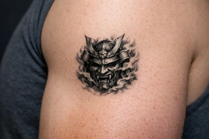 Samurai mask emerging from swirling smoke, black and grey, covering the shoulder. tattoo idea