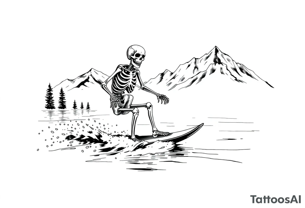 skeleton wakeboarding on lake, mountains in the background tattoo idea