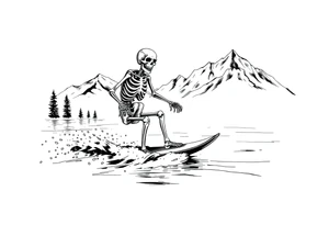 skeleton wakeboarding on lake, mountains in the background tattoo idea