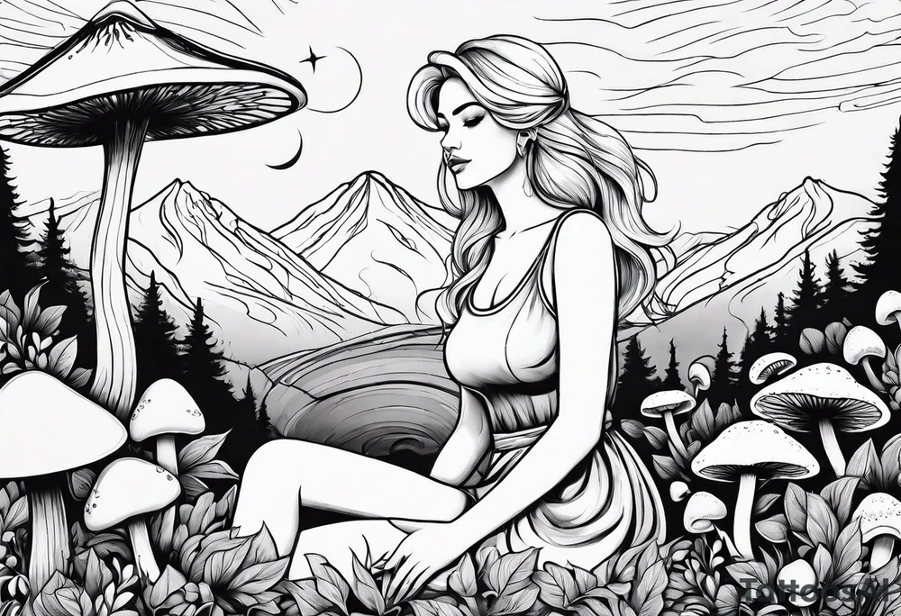 Chubby older blonde girl surrounded by mushrooms crescent moon mountains background tattoo idea