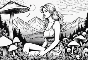 Chubby older blonde girl surrounded by mushrooms crescent moon mountains background tattoo idea