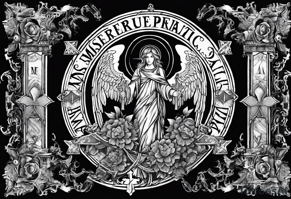 Writing: "In Omina Paratus" with a damaged cross in the middle and angels on both sides one with a glock and one with an AK47 tattoo idea