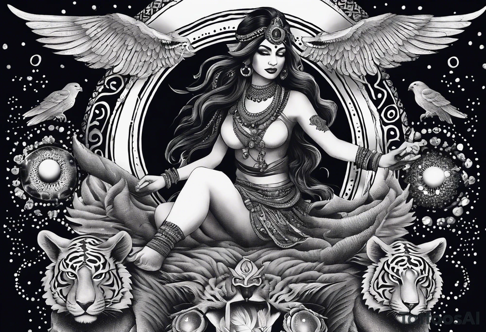 black kali, goddess pirate, alien, angel, pachamama, valkrye, warrior, flying, skull, lotus azul, wing, eagle, zenza resonance, stars, 5D, anahata chakra, death, durga, riding on a tiger, flying lady, kundalini, chest tatoo, samuri, rebel, serpent tattoo idea