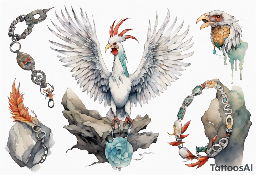 a white Cockatrice wearing a plain iron bracelet around leg, perched on a stone tattoo idea