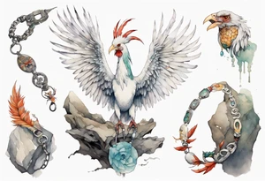 a white Cockatrice wearing a plain iron bracelet around leg, perched on a stone tattoo idea