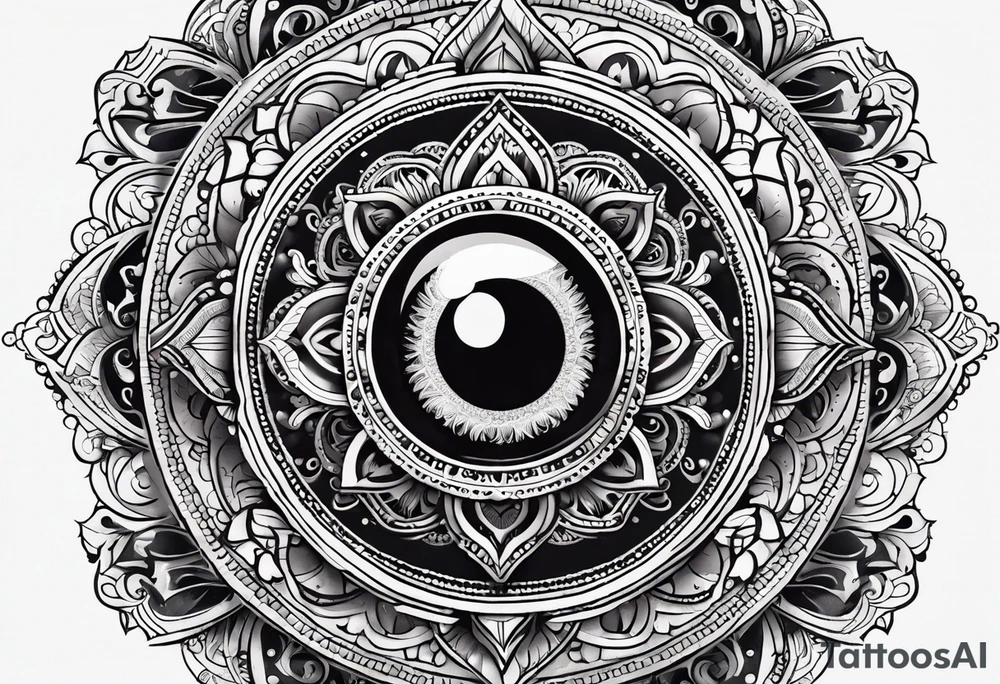 Combine the concept of the third eye with a mandala, incorporating religious symbols and intricate patterns, representing spiritual insight, intuition, and enlightenment. tattoo idea