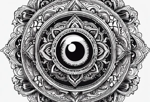 Combine the concept of the third eye with a mandala, incorporating religious symbols and intricate patterns, representing spiritual insight, intuition, and enlightenment. tattoo idea