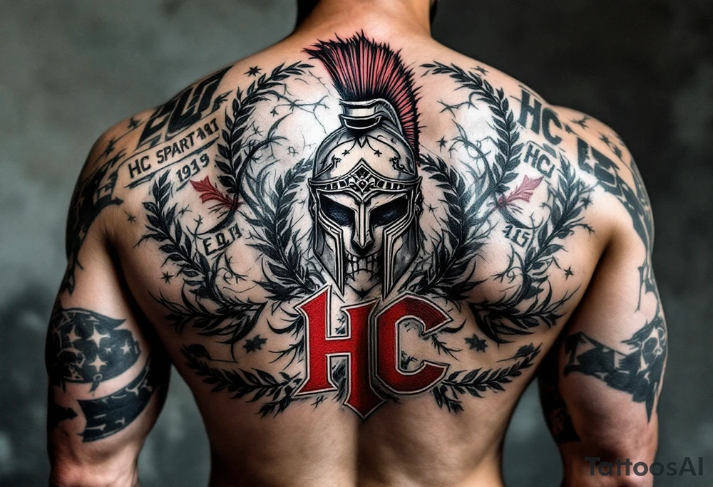 A full back tattoo of HC Sparta’s historic victories with dates, crests, and a red-and-silver color scheme. tattoo idea