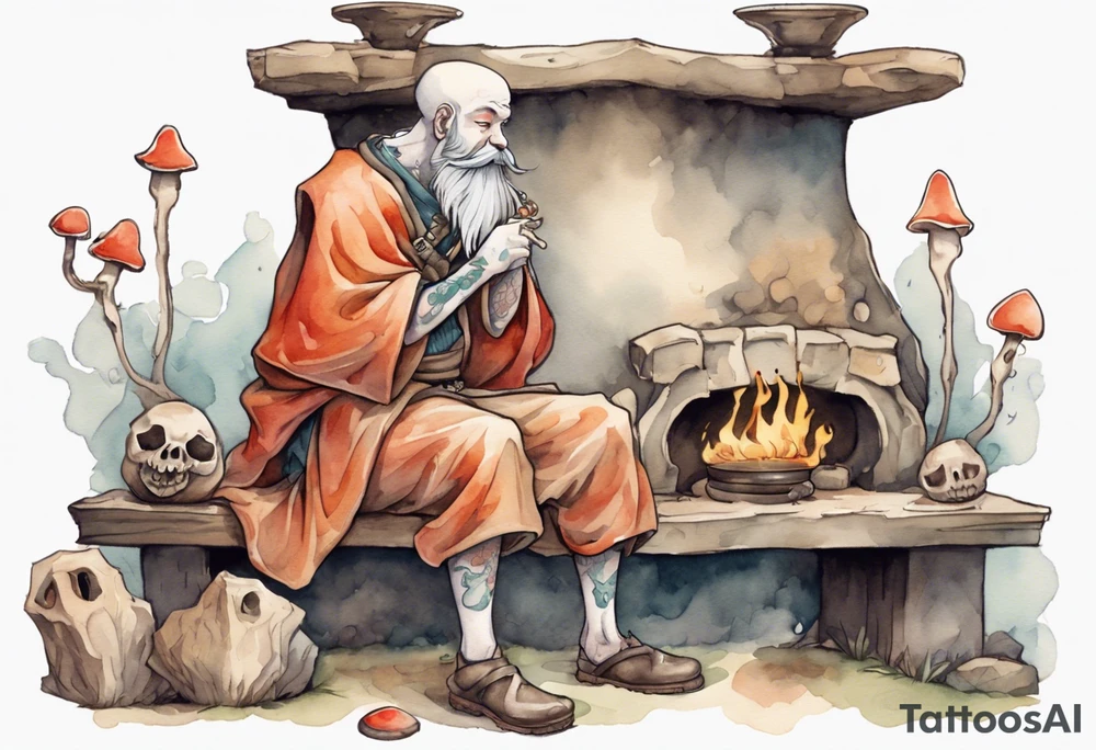 a mushroom-creature with a beard wearing a medieval tunic sitting on a bench by a fireplace drinking from a wood cup, happy tattoo idea