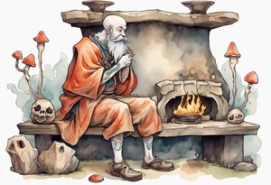 a mushroom-creature with a beard wearing a medieval tunic sitting on a bench by a fireplace drinking from a wood cup, happy tattoo idea