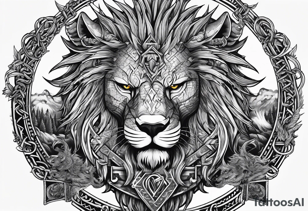 Valhalla sword shield  axe lion dragon 
Valknut barbed wire chains tattoo idea