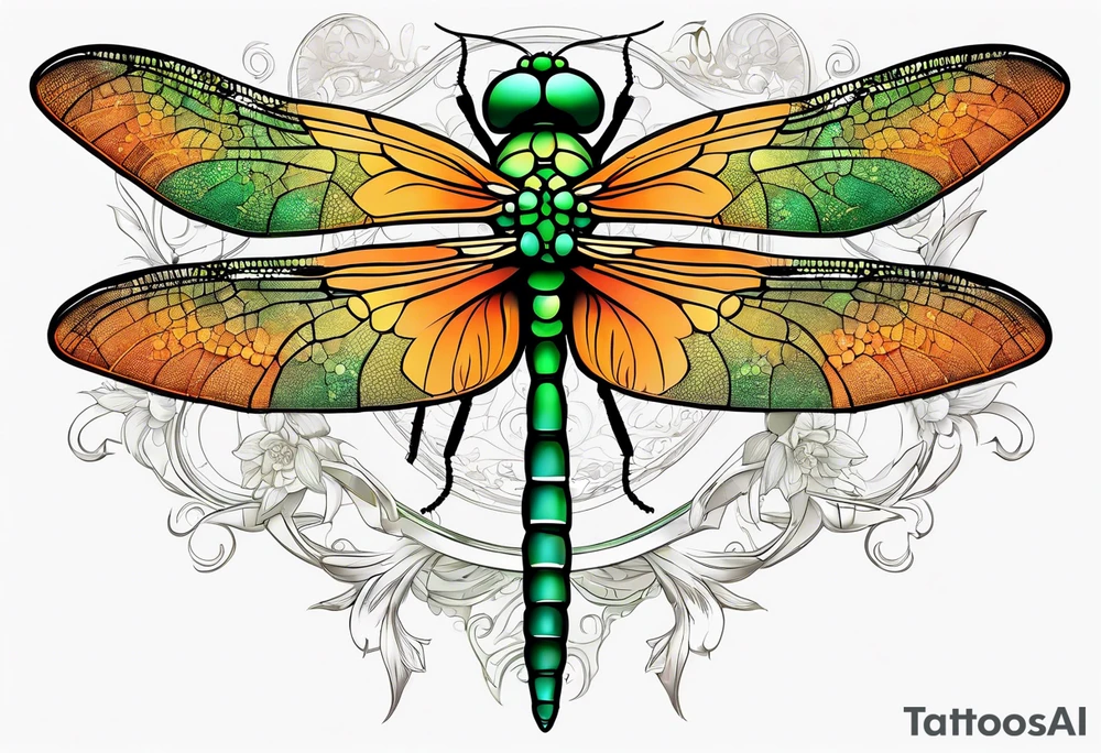 green and orange dragonfly on a twig tattoo idea