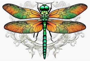 green and orange dragonfly on a twig tattoo idea