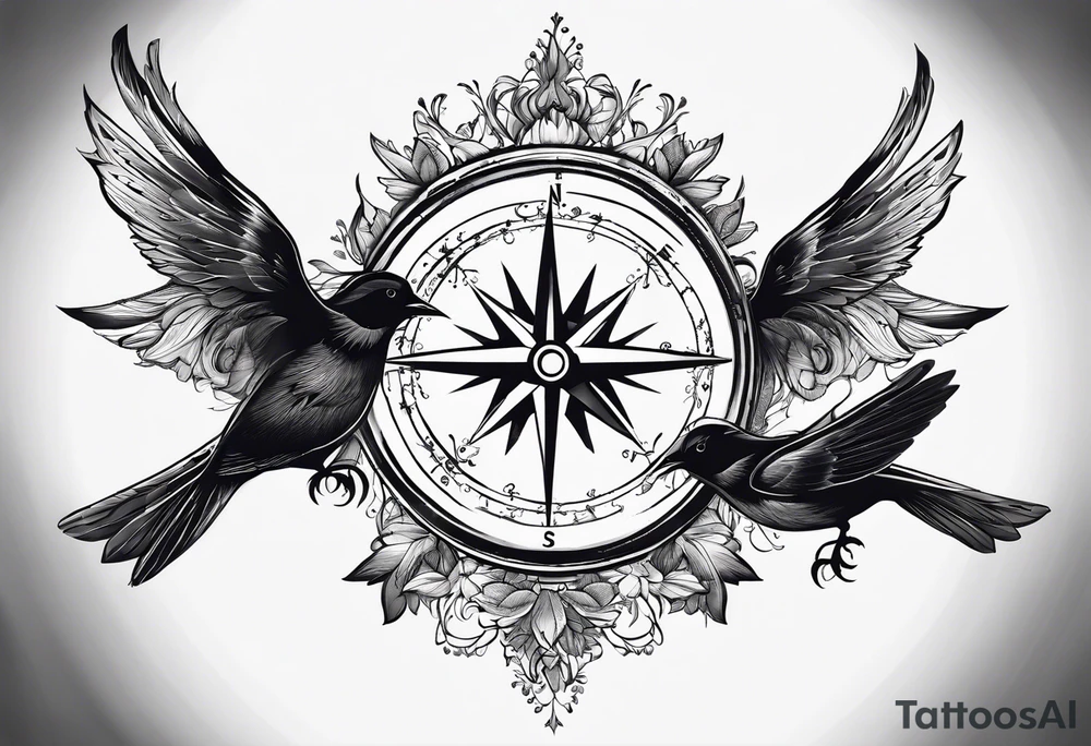 Simple compass with three black birds flying by north tattoo idea Simple compass with three black birds flying by north tattoo idea