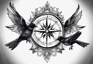 Simple compass with three black birds flying by north tattoo idea