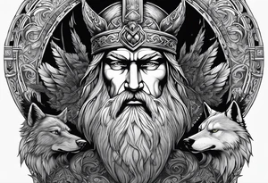 a staircase to valhalla with a big face of  the god Odin as a human at its end. On the side of the stair is a pack ow wolves. Also add in a a pair of doves and two ravens tattoo idea