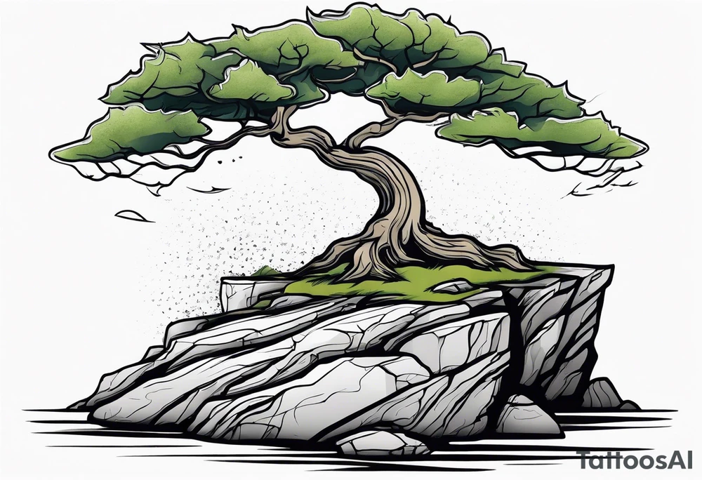 Tree growing out of stone cliff with roots creating cracks tattoo idea