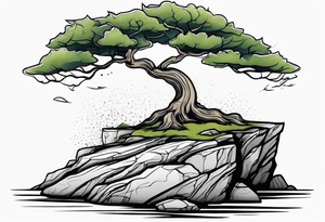 Tree growing out of stone cliff with roots creating cracks tattoo idea