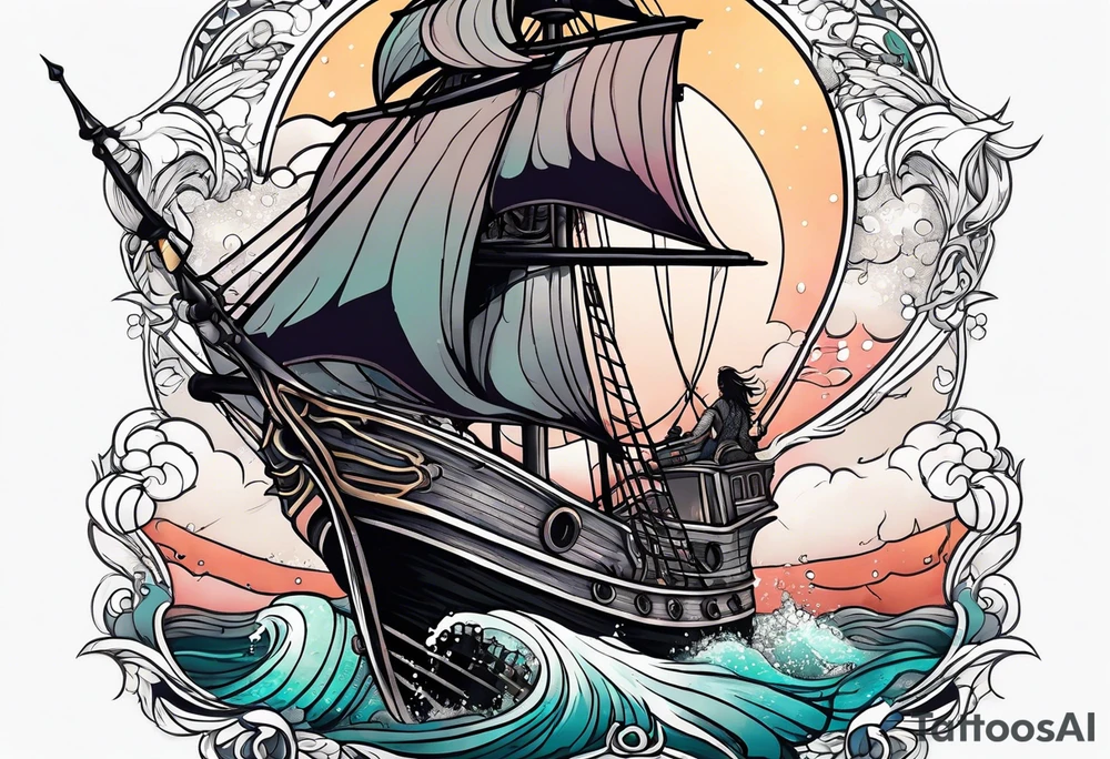 mermaid with galleon ship tattoo idea