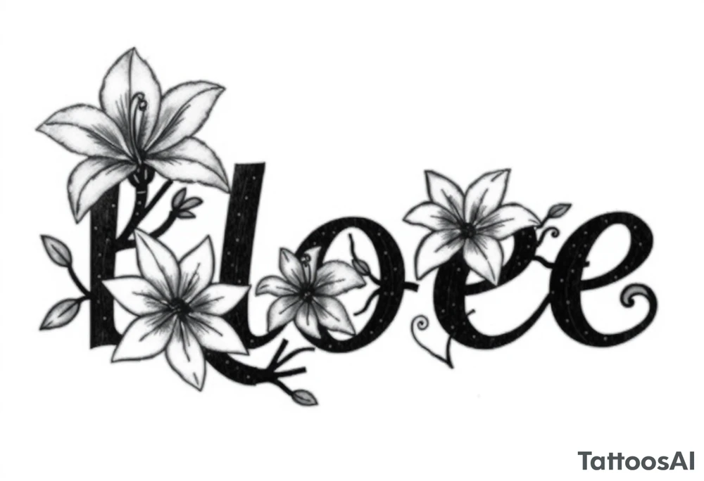 The word Kloee surrounded by big
lilies with the vines in letters tattoo idea