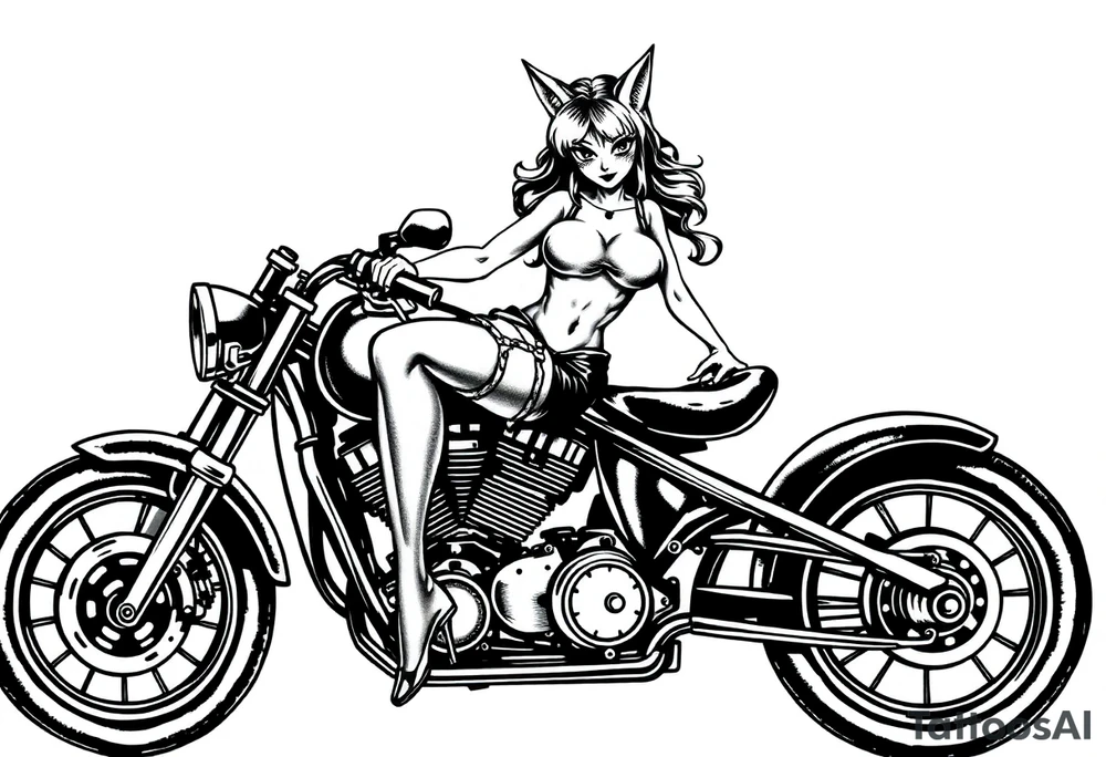 naked catgirl on motorcycle, slut, angry, leather tattoo idea