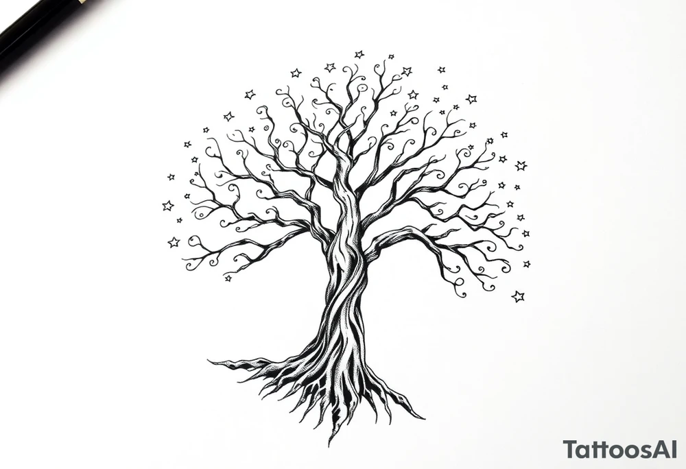 Tree of life at night sign stars and nebulae tattoo idea