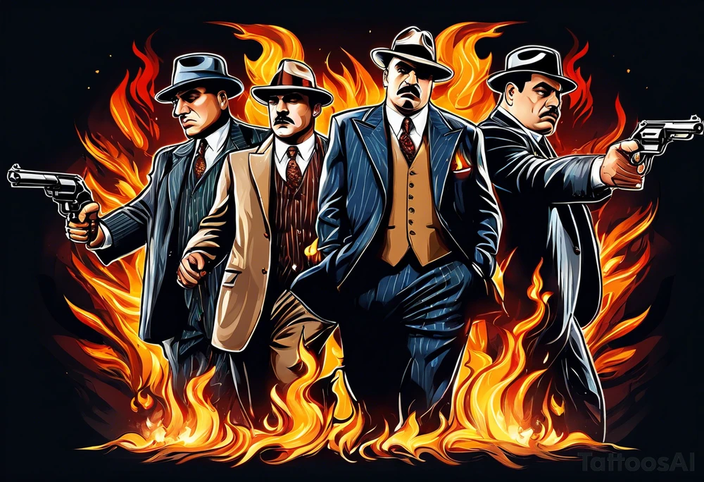 capone style gangsters having a shootout against a dark background scene with flames blues tattoo idea
