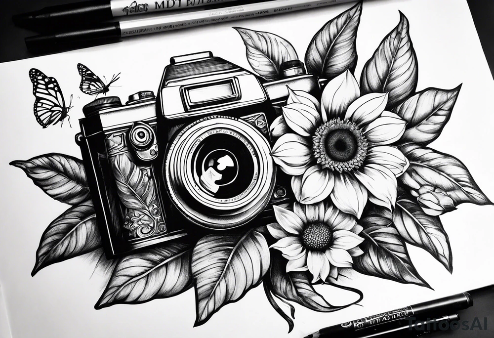 Book, sunflower, camera, butterfly, flower rose tattoo idea Book, sunflower, camera, butterfly, flower rose tattoo idea