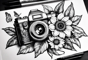 Book, sunflower, camera, butterfly, flower rose tattoo idea