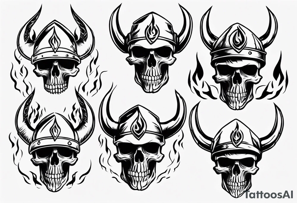Skull head with viking hat and flames tattoo idea
