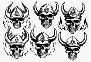 Skull head with viking hat and flames tattoo idea