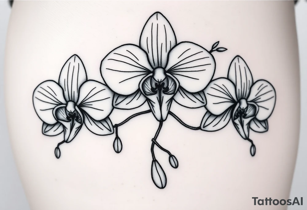 Draw of three fine line orchids different size realistic, the central part resembles a vagina. Are connected with branches that appears a mix with drops and seeds tattoo idea