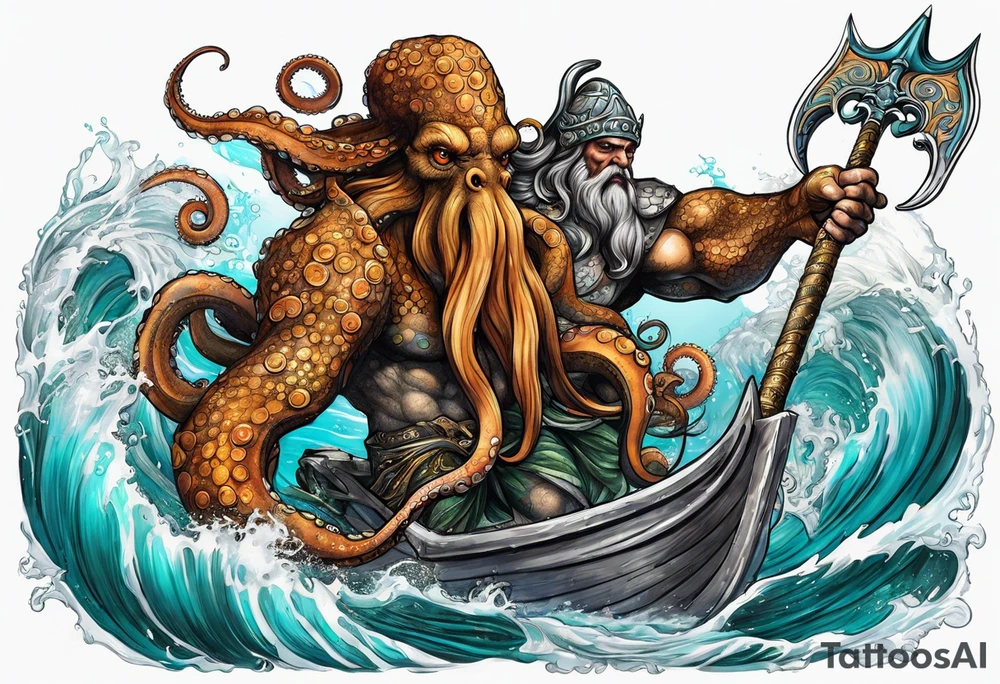 Octopus krake monster pulling Poseidon with his trident tattoo idea