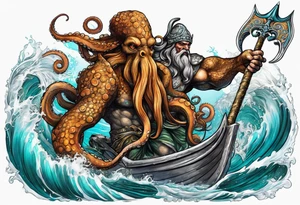 Octopus krake monster pulling Poseidon with his trident tattoo idea