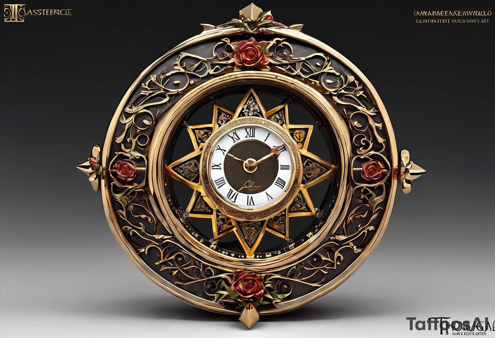 "I want a design featuring a detailed hourglass with a hand clock in the center, where the numbers on the clock are Amazigh numerals. The hourglass and clock should be intertwined with thorny roses, their vines wrapping around the glass. Additionally, planets and stars should orbit around the hourglass, blending both natural and cosmic elements. The roses' thorns should appear sharp and intricate, while the planets give a sense of movement and wonder. The design should be symbolic, representing the flow of time, the universe, and nature, all in harmony." tattoo idea