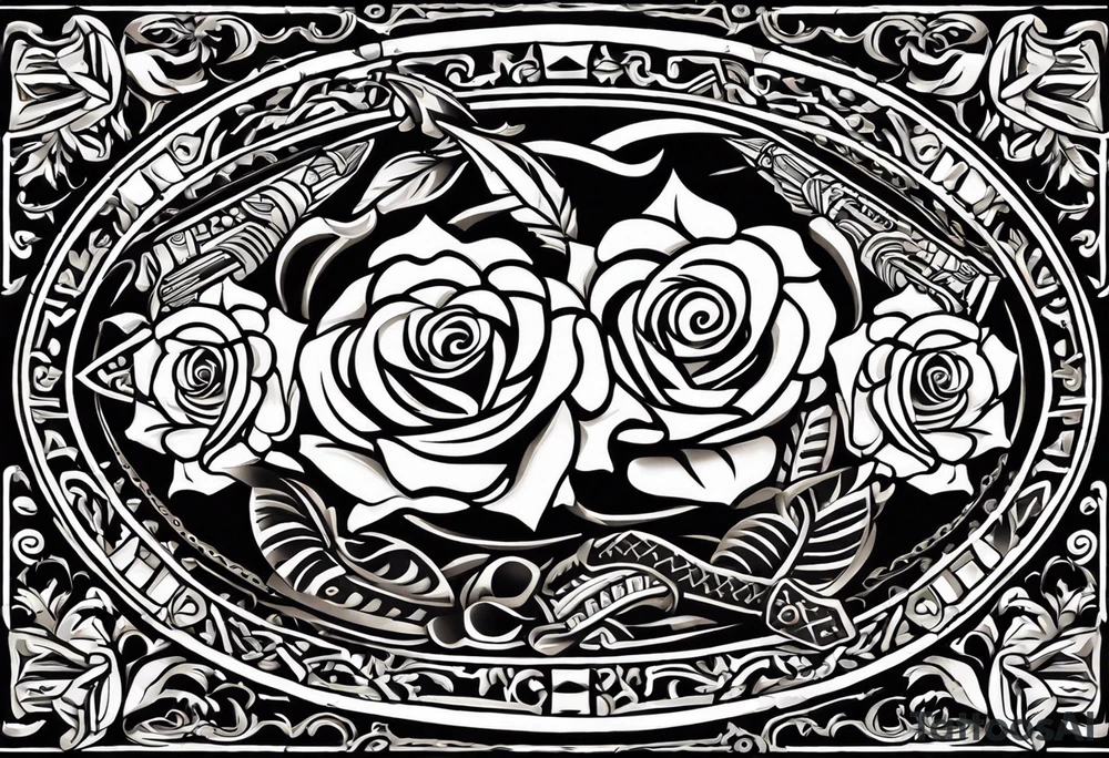 Design a masculine tattoo depicting three delicate rose buds being embraced and protected by a pile of Aztec weapons. The weapons should include elements such as the macuahuitl (Aztec sword-club), obsidian blades, and shields, arranged in a way that forms a protective circle or embrace around the roses. Carve the entire image as if it were a stone sculpture by an ancient Aztec artist, with the texture resembling intricately detailed stone carvings. The roses should be slightly softer but still stylized in stone, giving the entire tattoo a powerful, yet artistic and ancient feel. Use bold, sharp lines to capture the essence of Aztec craftsmanship tattoo idea