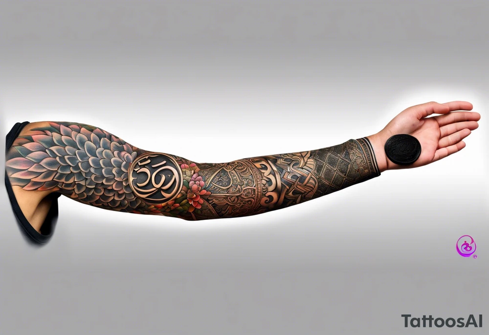 Forearm sleeve based around Sanskrit Om symbol for breathe tattoo idea
