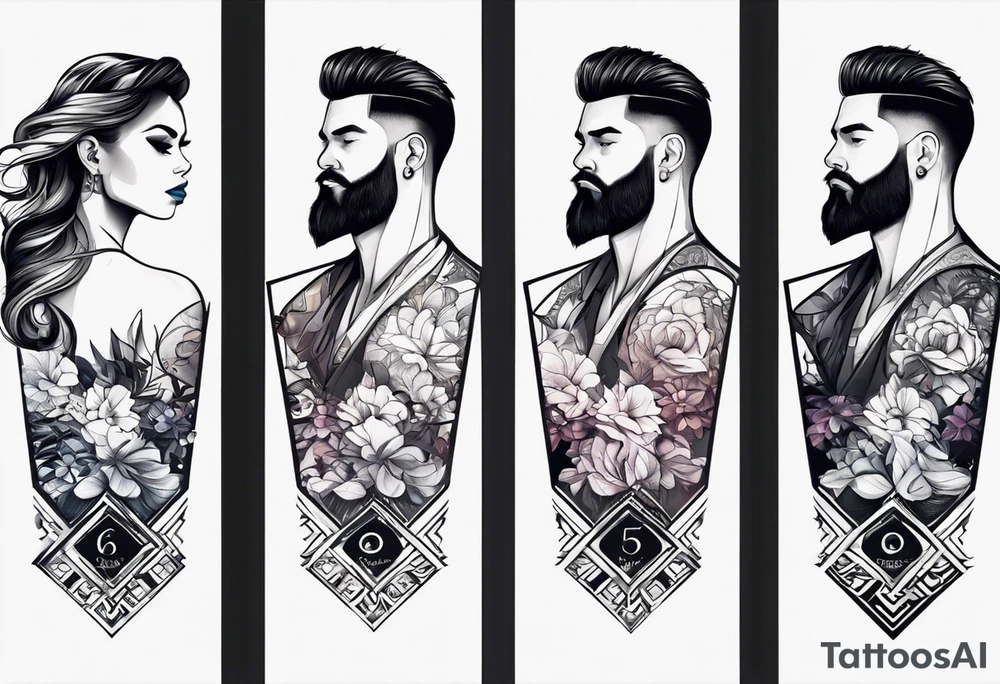 Please create a tattoo for men sleeve with below inspirations: 

1. Daughter born on a date 16 September 2023 
2. Inspiration that hard work pays off 
3. Respect your parents 
4. Time will change
5. Enjoy each and every moment 
6. Have faith tattoo idea