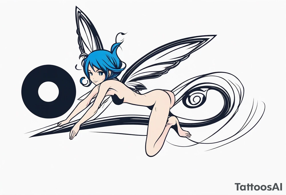 A fairy with a tail inspired by the logo of the anime show called Fairy Tail in a fetal position leaning in and forward while in the air floating tattoo idea