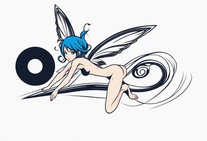 A fairy with a tail inspired by the logo of the anime show called Fairy Tail in a fetal position leaning in and forward while in the air floating tattoo idea