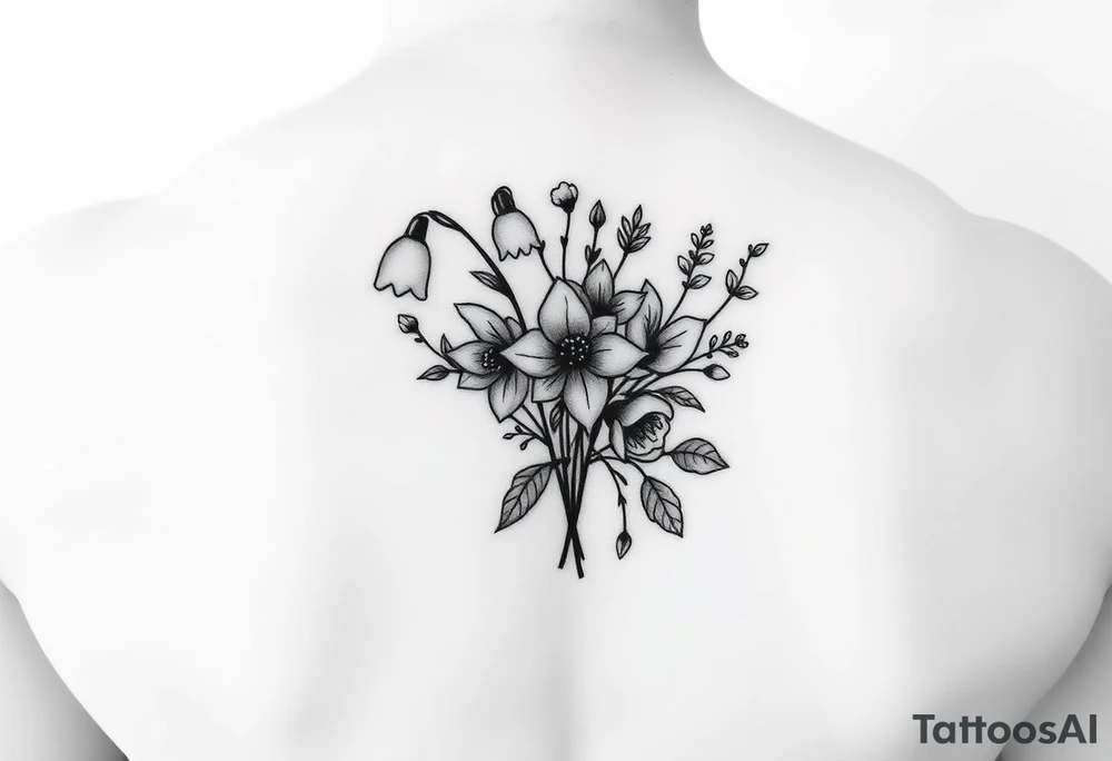 Minimalist design in black bunch of flowers 1 lily of the valley 1 daffodil 1 holly 1 larkspur tattoo idea