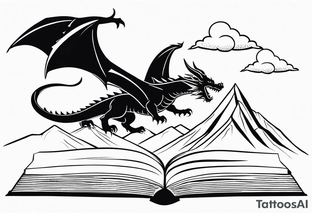 A large open book. a dragon with scales and four legs flying high in the sky. three mountains tattoo idea