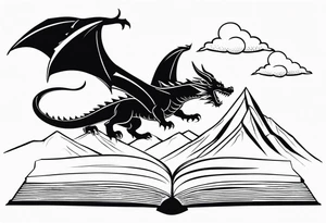 A large open book. a dragon with scales and four legs flying high in the sky. three mountains tattoo idea