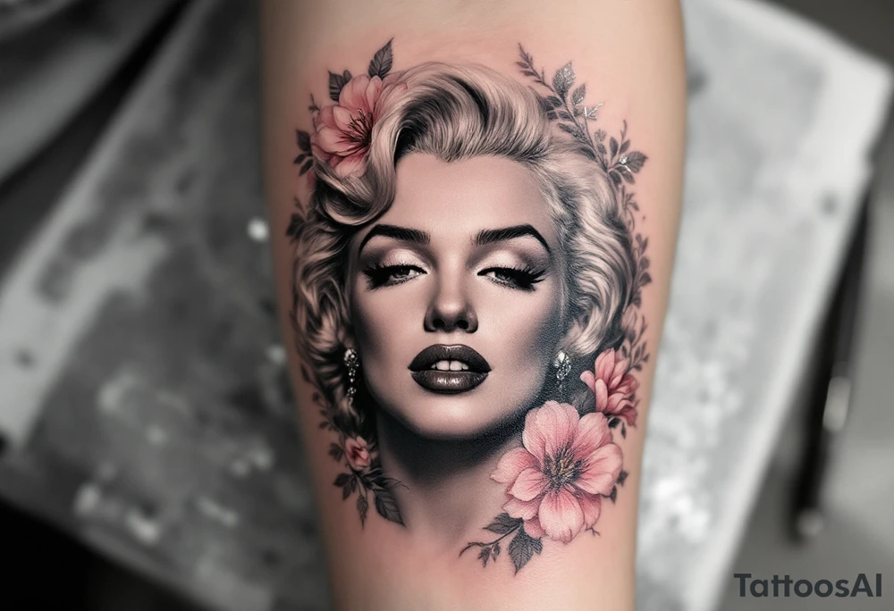 A romantic Marilyn Monroe portrait in soft grayscale, framed by delicate pink peonies and silver filigree. tattoo idea