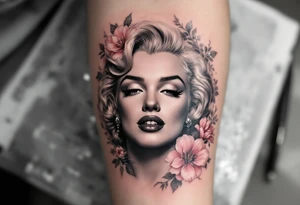 A romantic Marilyn Monroe portrait in soft grayscale, framed by delicate pink peonies and silver filigree. tattoo idea